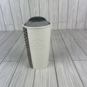 Starbucks 2014 White Ceramic Silver Studded‎ Travel Tumbler Coffee Mug 10oz